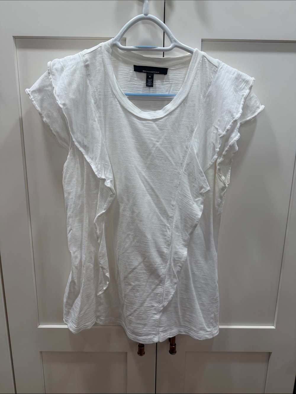 White House Black Market White Ruffle-Trim Short Sleeve Tee